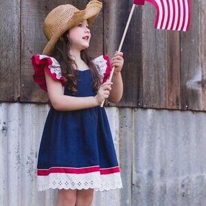 Girls Rosa Flamenco Navy Blue Red White Patriotic July 4th Lace Trim Dress 3/4